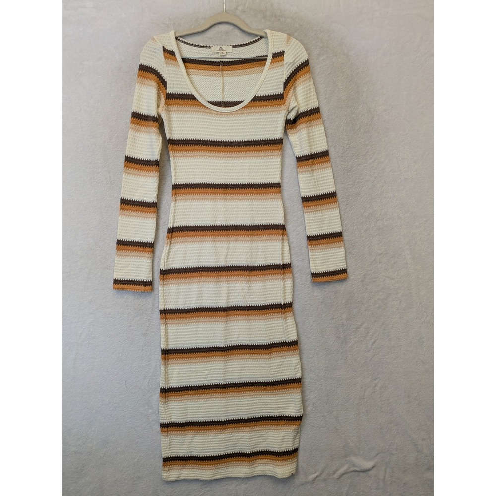 Rip Curl Midi Dress Women's Small‎ Cream Brown Striped Textured Knit Long Sleeve